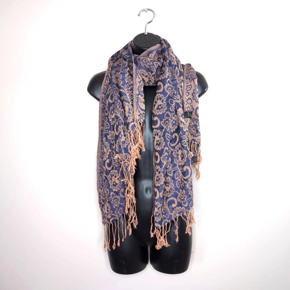 Pashmina Silk Boho French Rococo Inspired Floral Toile Tapestry Fringe Scarf